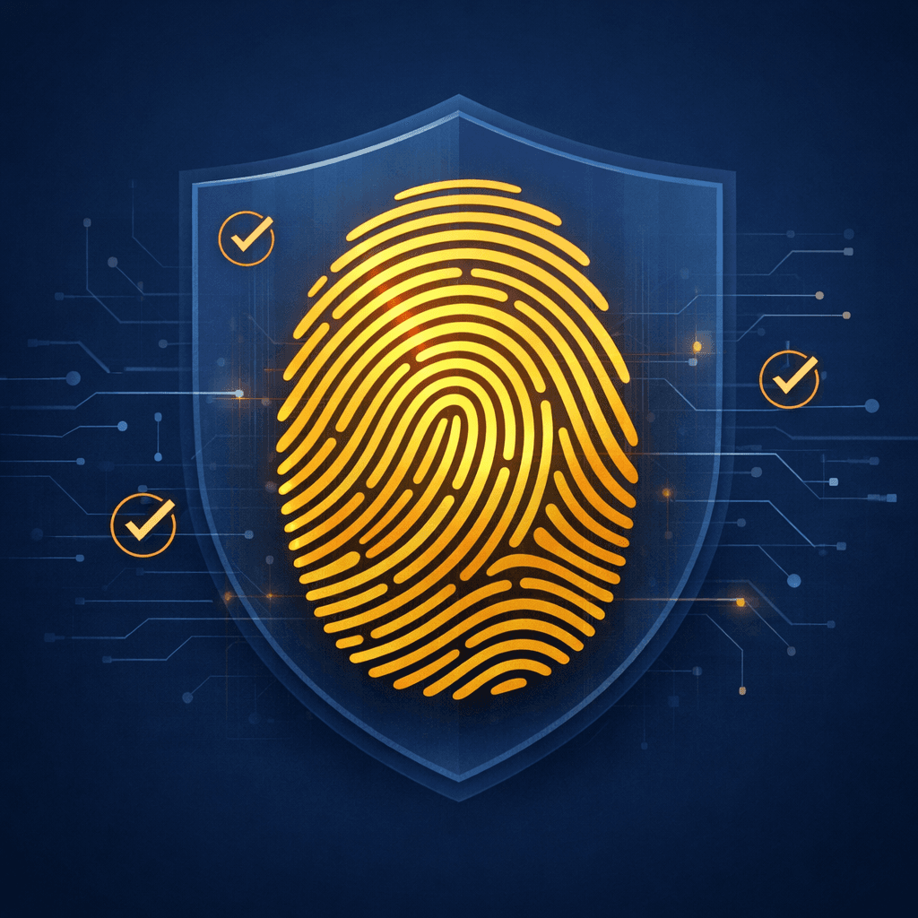 Professional fingerprinting and background check services — golden fingerprint on a shield with digital verification checkmarks